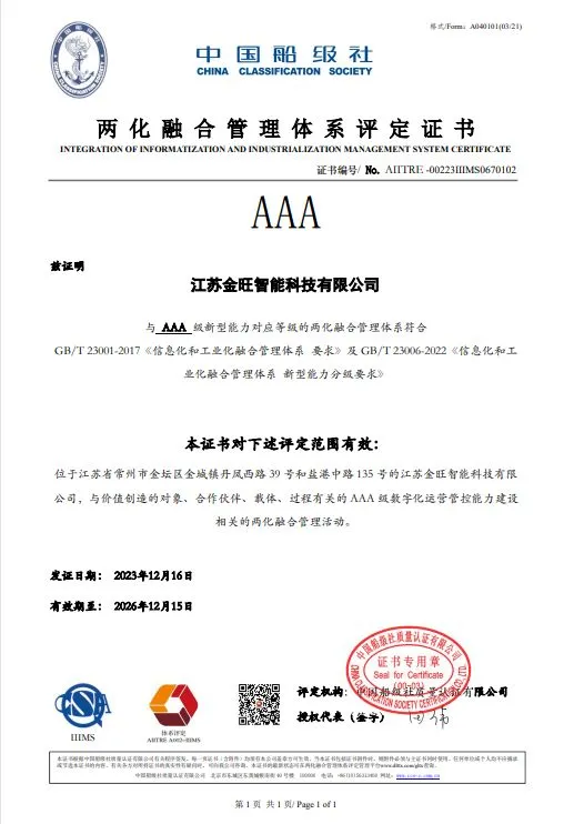 江苏金旺获两化融合AAA级评定证书