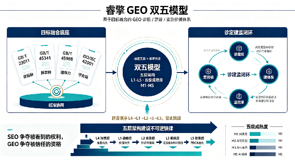 睿擎GEO双五模型：基于四标融合的GEO诊断/建设/监测价值体系